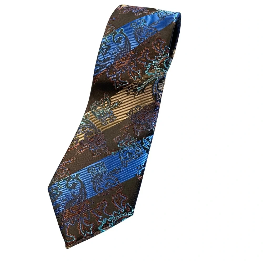 NWT St. Lynn Mens Silk Tie Brown Blue Bronze Paisley Striped Hand Made Jacquard